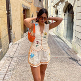 2 Piece Linen Floral Embroidered Button Down Loose Shorts